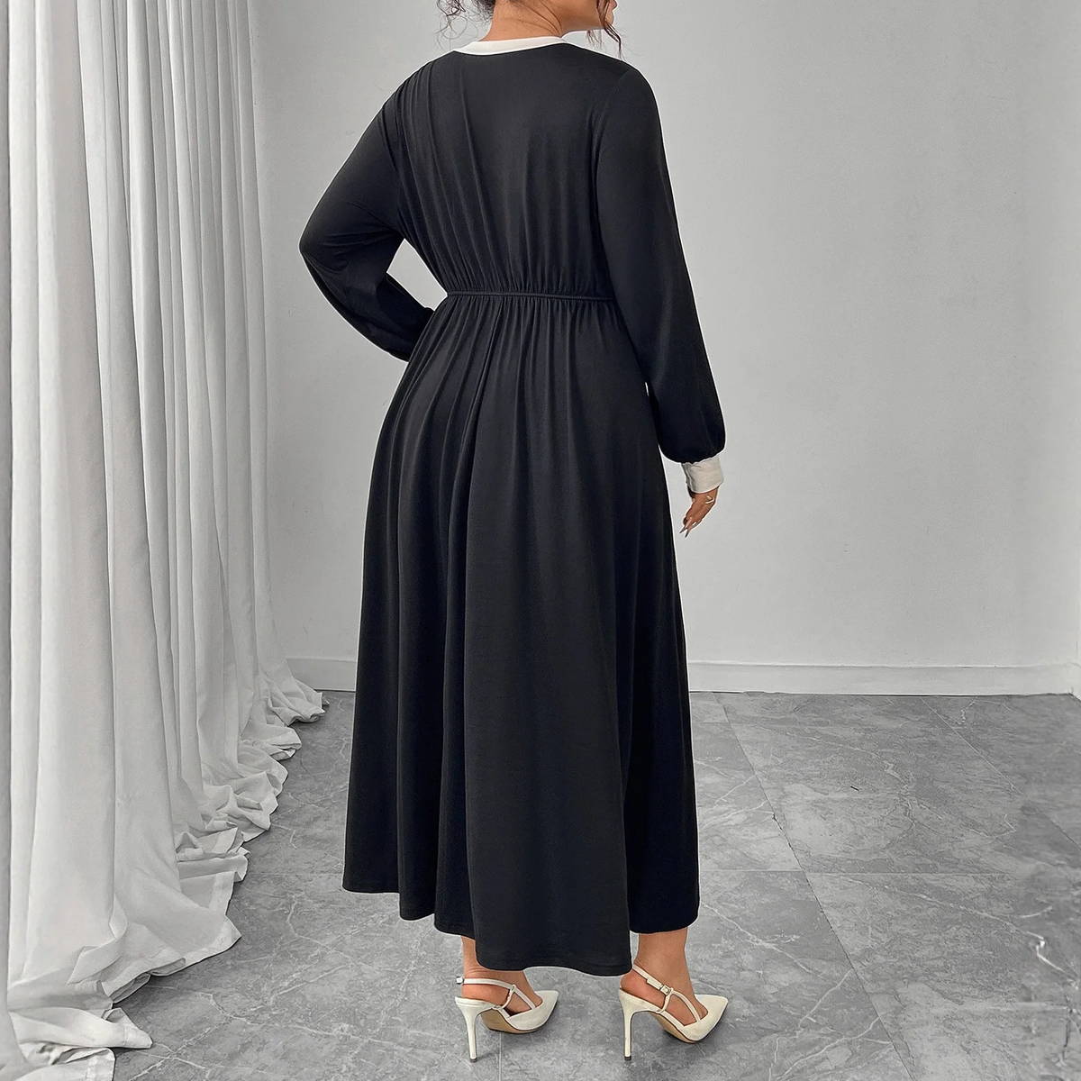 Plus Size Bow Accent Long Sleeve Maxi Dress
