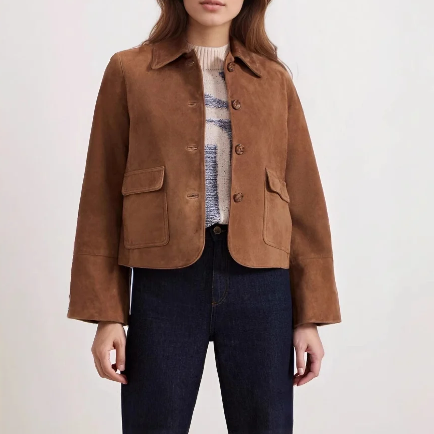Faux Suede Button Front Cropped Jacket