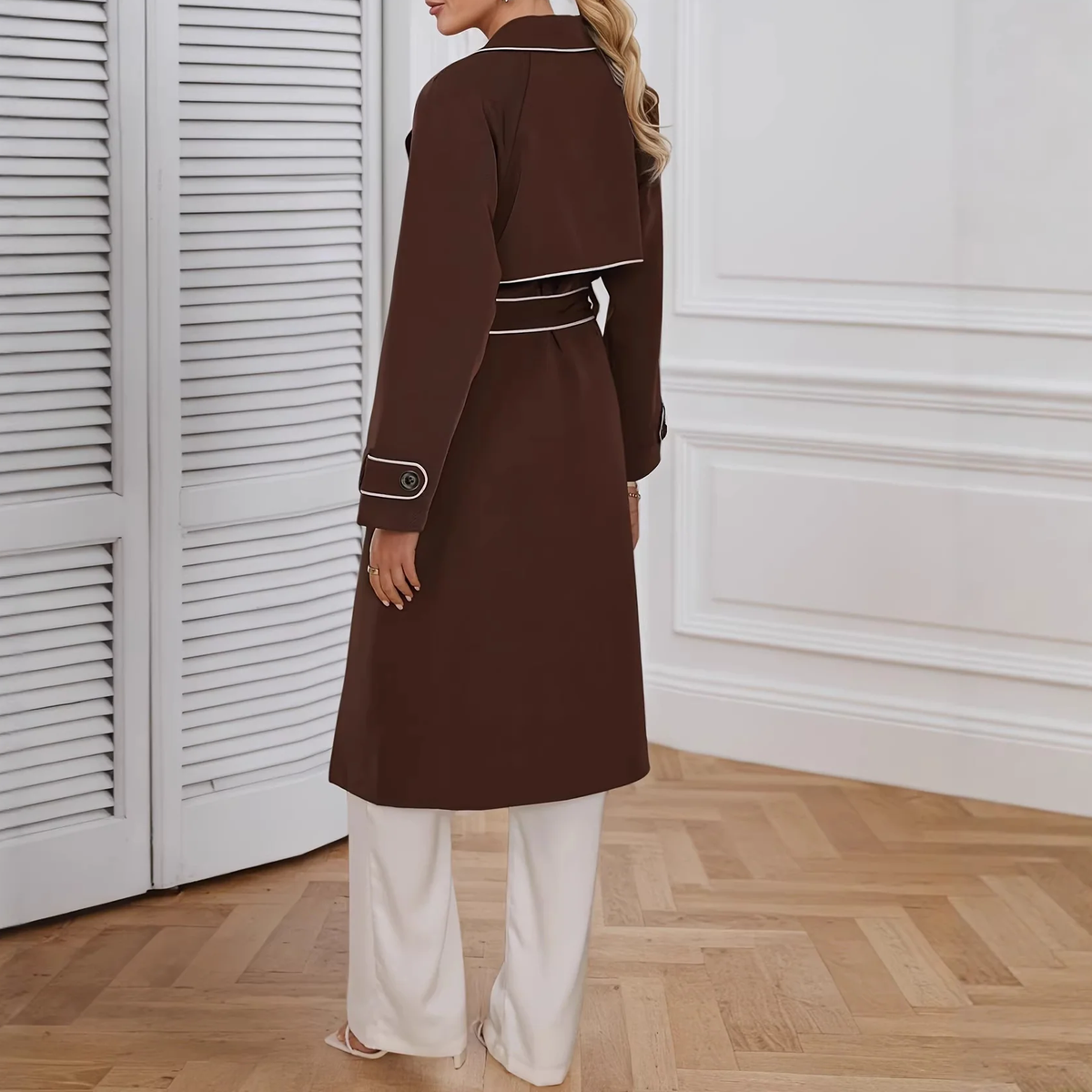 Contrast Stitch Belted Long Sleeve Trench Coat
