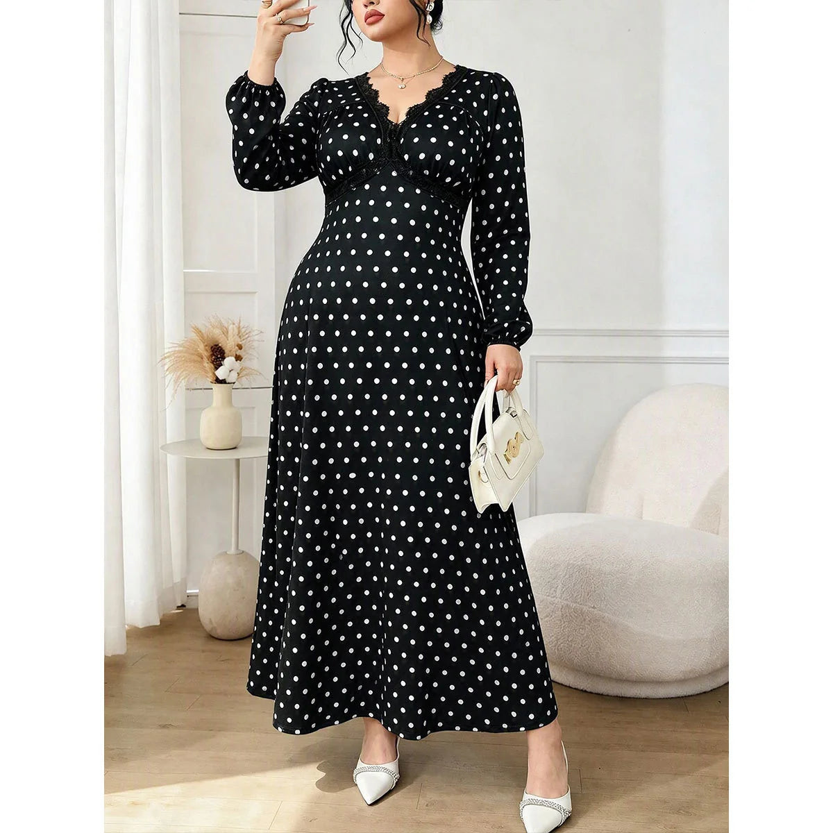 Plus Size V-Neck Polka Dot Long Sleeve Maxi Dress