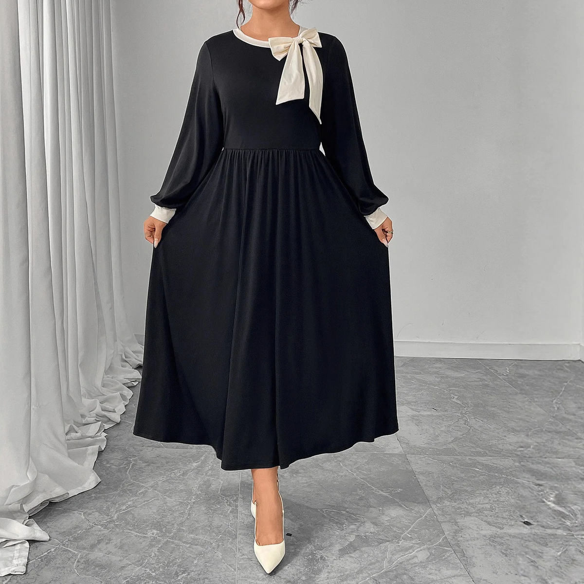 Plus Size Bow Accent Long Sleeve Maxi Dress