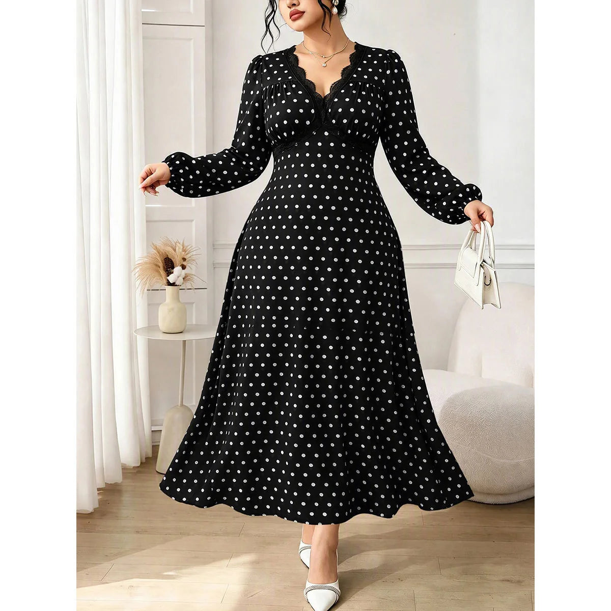 Plus Size V-Neck Polka Dot Long Sleeve Maxi Dress