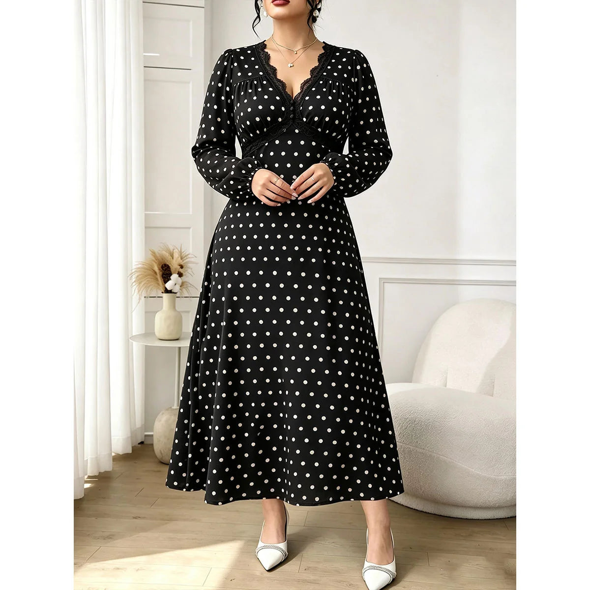 Plus Size V-Neck Polka Dot Long Sleeve Maxi Dress
