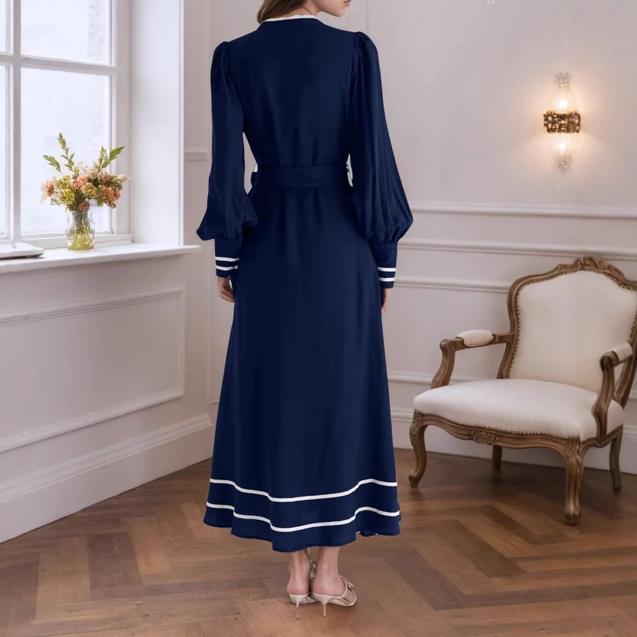 Navy V-Neck Lace-Up Long Sleeve Flowy Maxi Dress