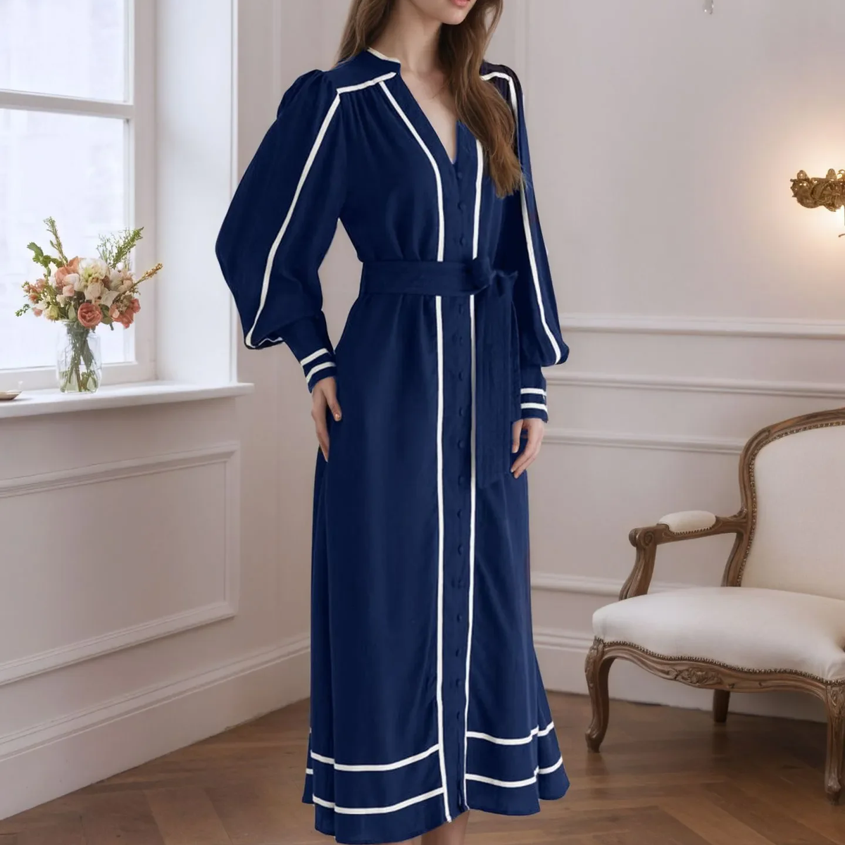 Navy V-Neck Lace-Up Long Sleeve Flowy Maxi Dress