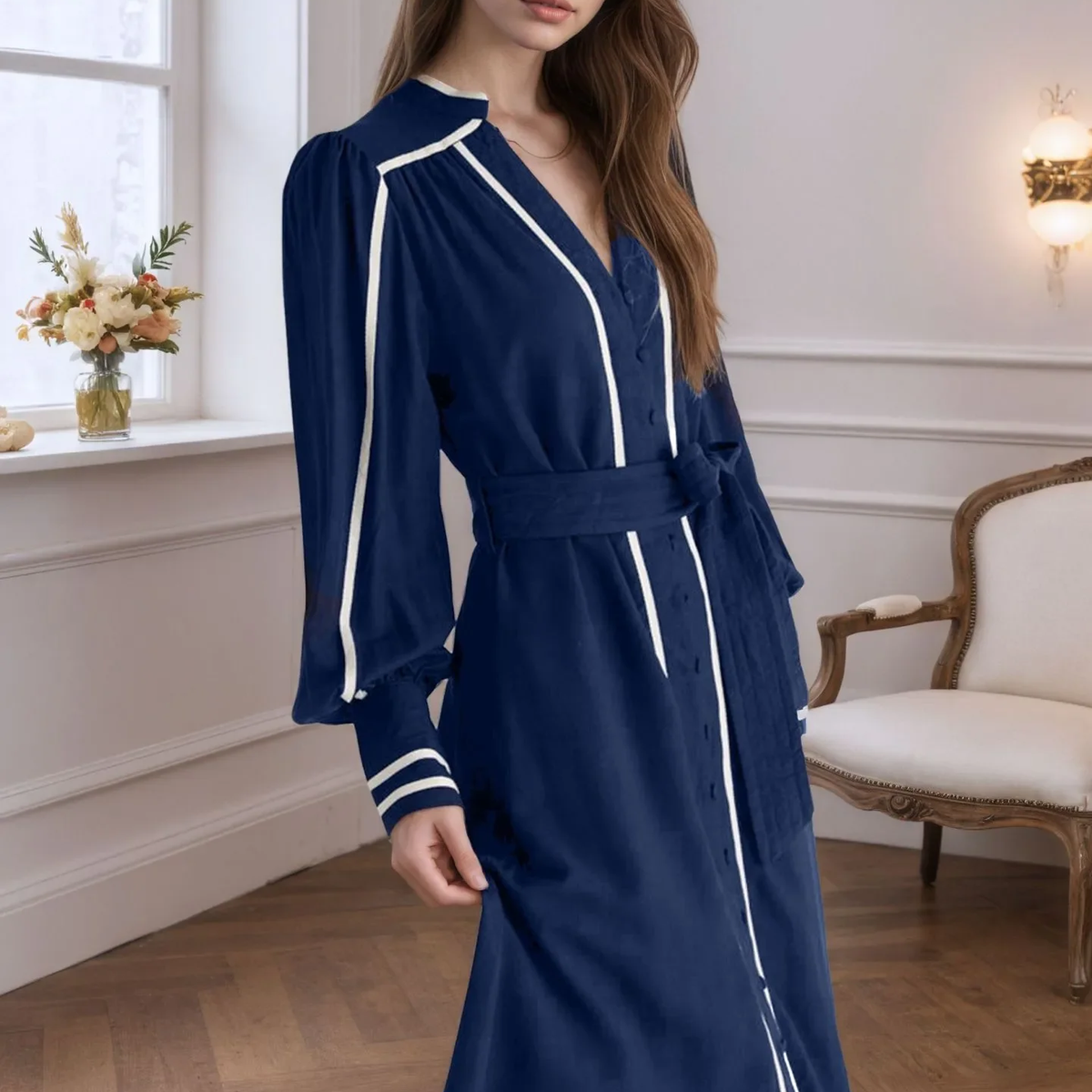 Navy V-Neck Lace-Up Long Sleeve Flowy Maxi Dress