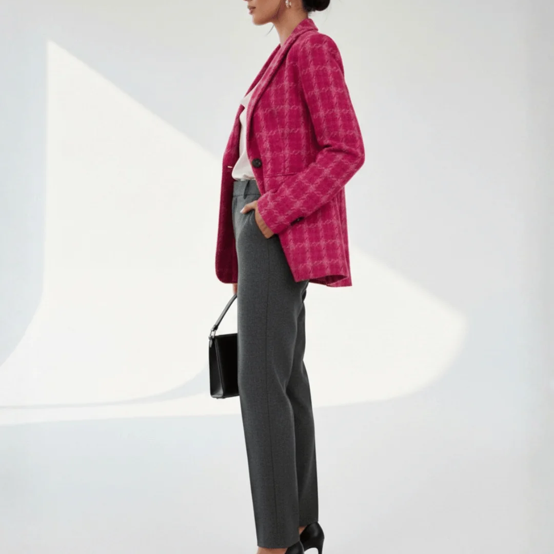 Rose Red Plaid Tailored Long Sleeve Blazer Jacket