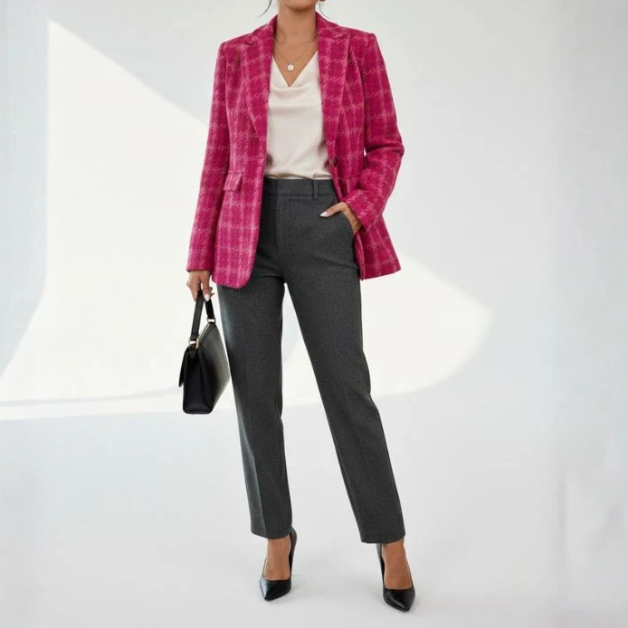 Rose Red Plaid Tailored Long Sleeve Blazer Jacket