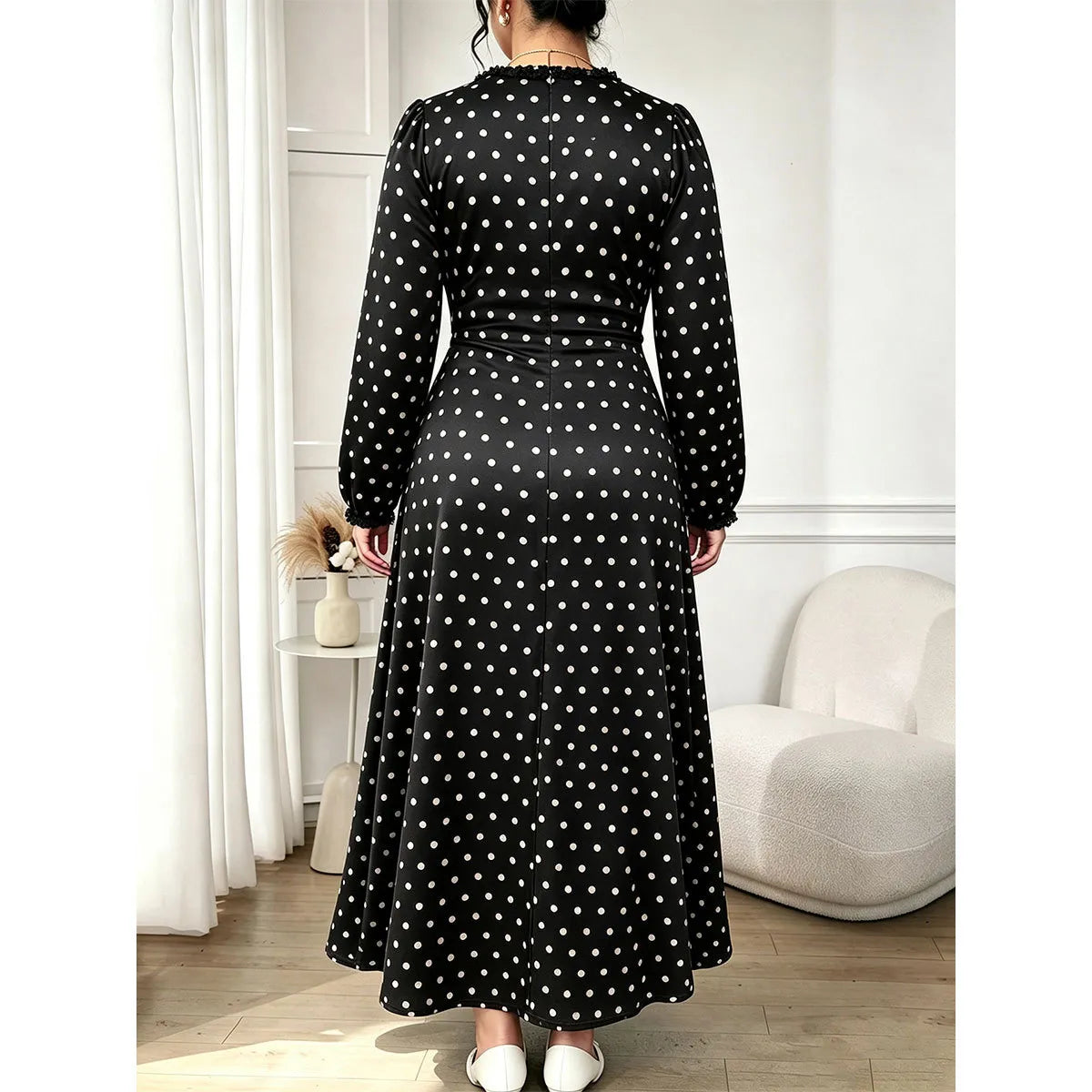 Plus Size V-Neck Polka Dot Long Sleeve Maxi Dress