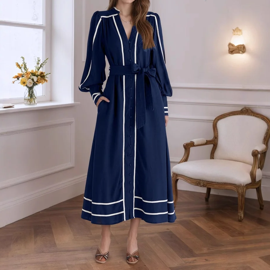 Navy V-Neck Lace-Up Long Sleeve Flowy Maxi Dress