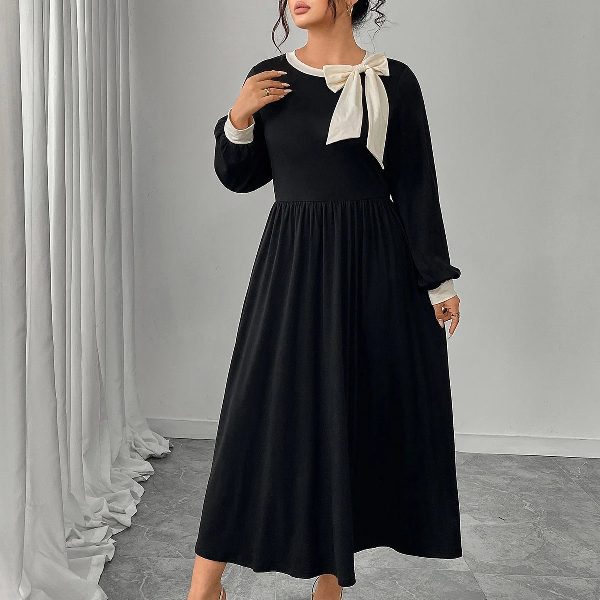Plus Size Bow Accent Long Sleeve Maxi Dress