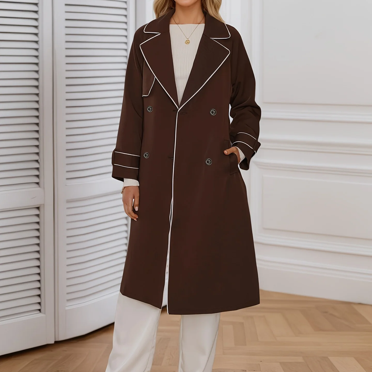 Contrast Stitch Belted Long Sleeve Trench Coat
