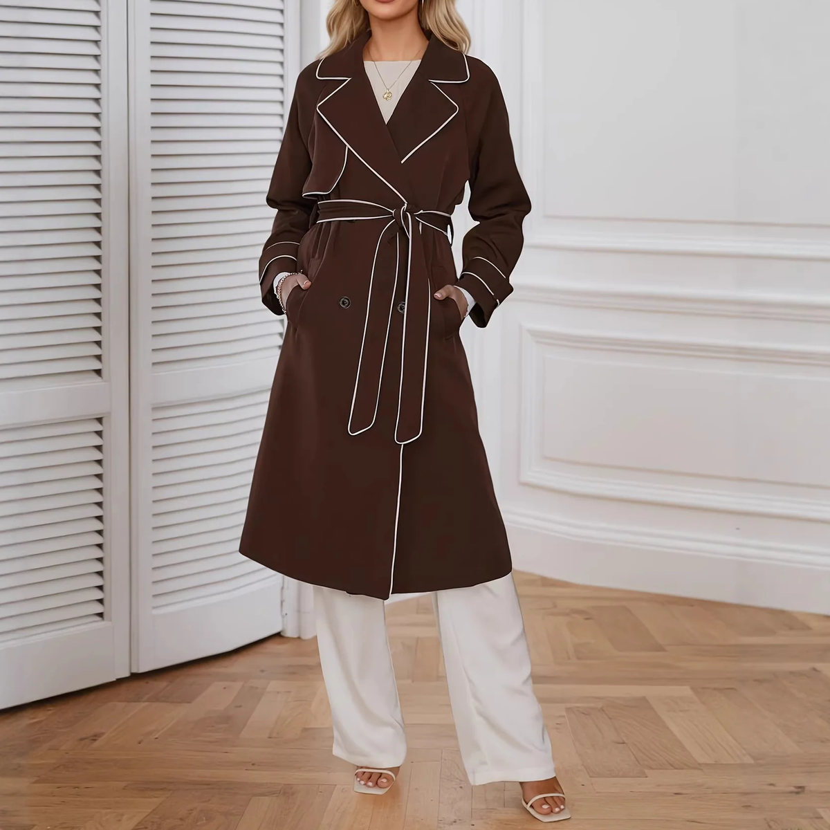 Contrast Stitch Belted Long Sleeve Trench Coat