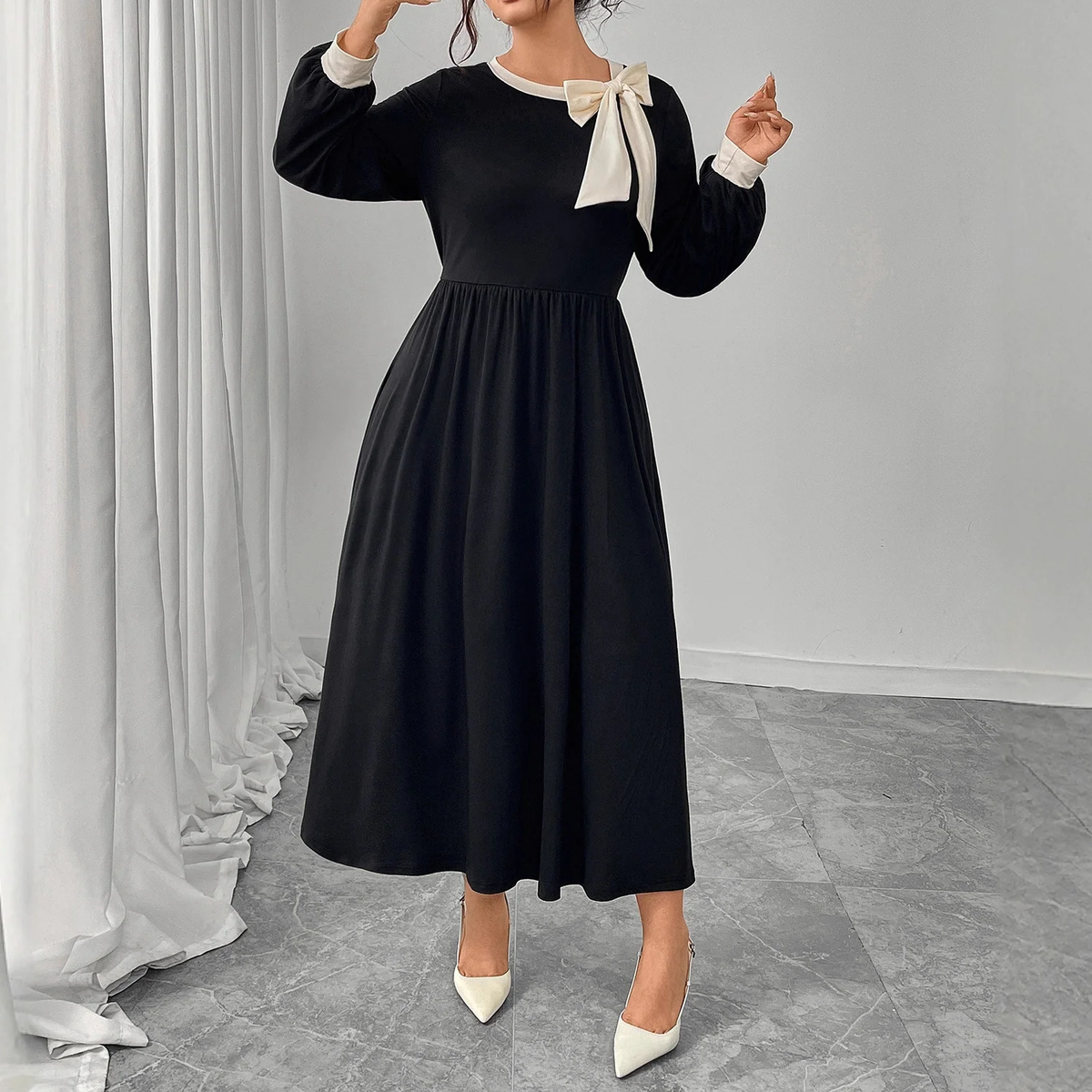 Plus Size Bow Accent Long Sleeve Maxi Dress